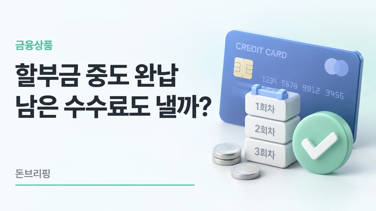 신용카드 할부금 중도 완납과 남은 수수료 제외를 나타낸 파란 카드와 회차 블록, 민트색 체크 3D 이미지