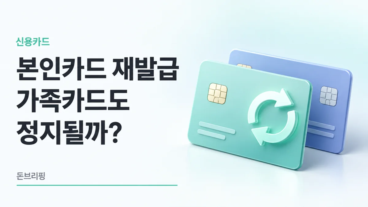 본인카드 재발급과 가족카드 상태를 나타낸 민트색과 파란색 신용카드 두 장과 재발급 화살표 3D 이미지