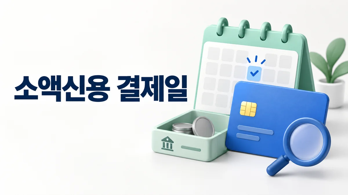체크카드 소액신용 결제일 확인을 나타낸 파란 카드와 민트색 달력, 잔액 상자와 돋보기 3D 이미지