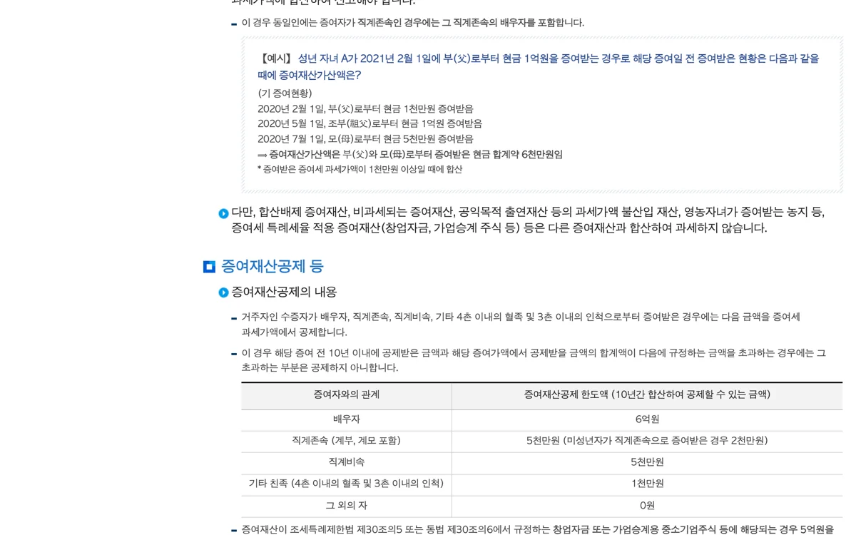 국세청 증여재산공제 안내 화면