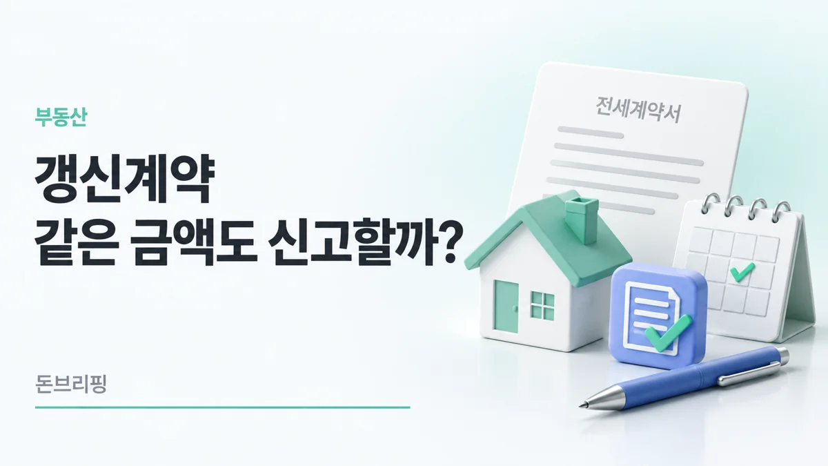 전세 갱신계약의 임대차 신고 여부 확인을 나타낸 계약서와 민트색 집, 달력과 신고 확인 3D 아이콘