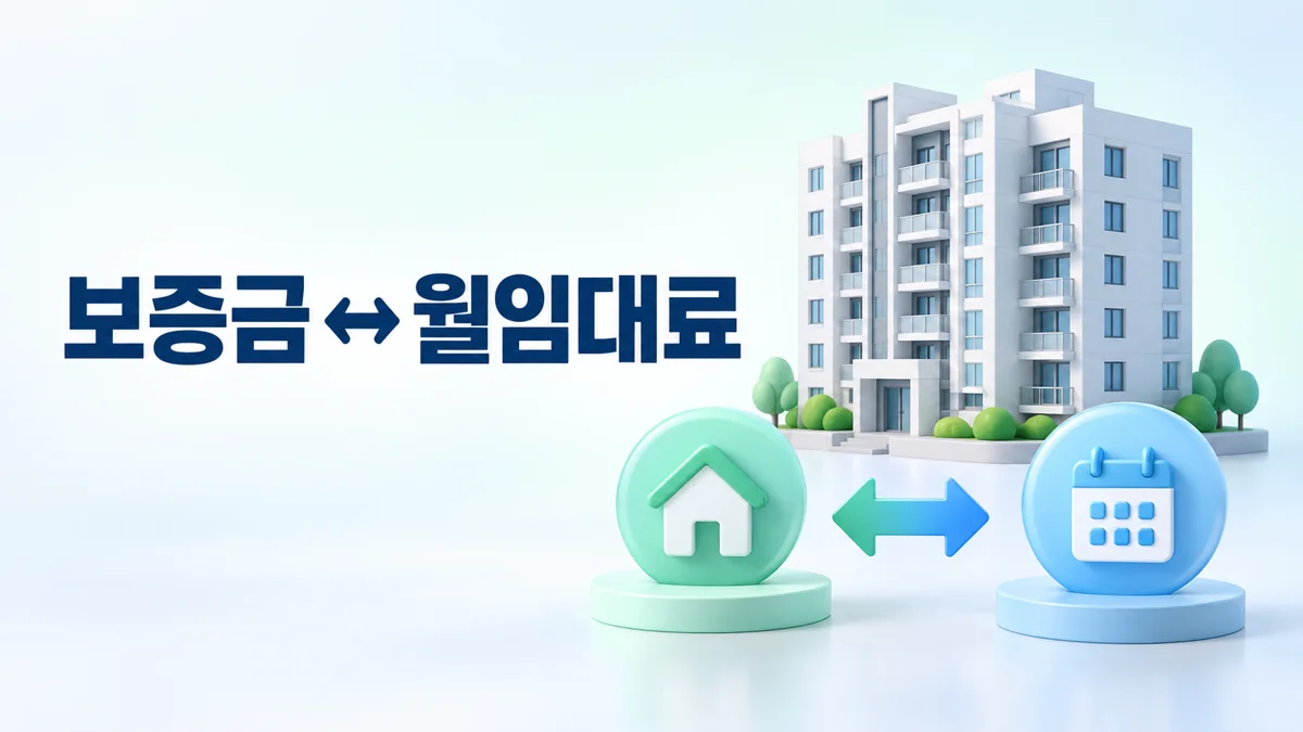 보증금과 월임대료의 상호전환을 나타내는 글자와 주택·달력 아이콘, 아파트 일러스트
